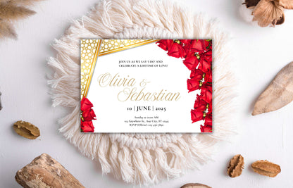 Elegant Red Roses Wedding Invitation - Editable Digital Template for Print - Customizable Romantic Wedding Invitation. WIB74