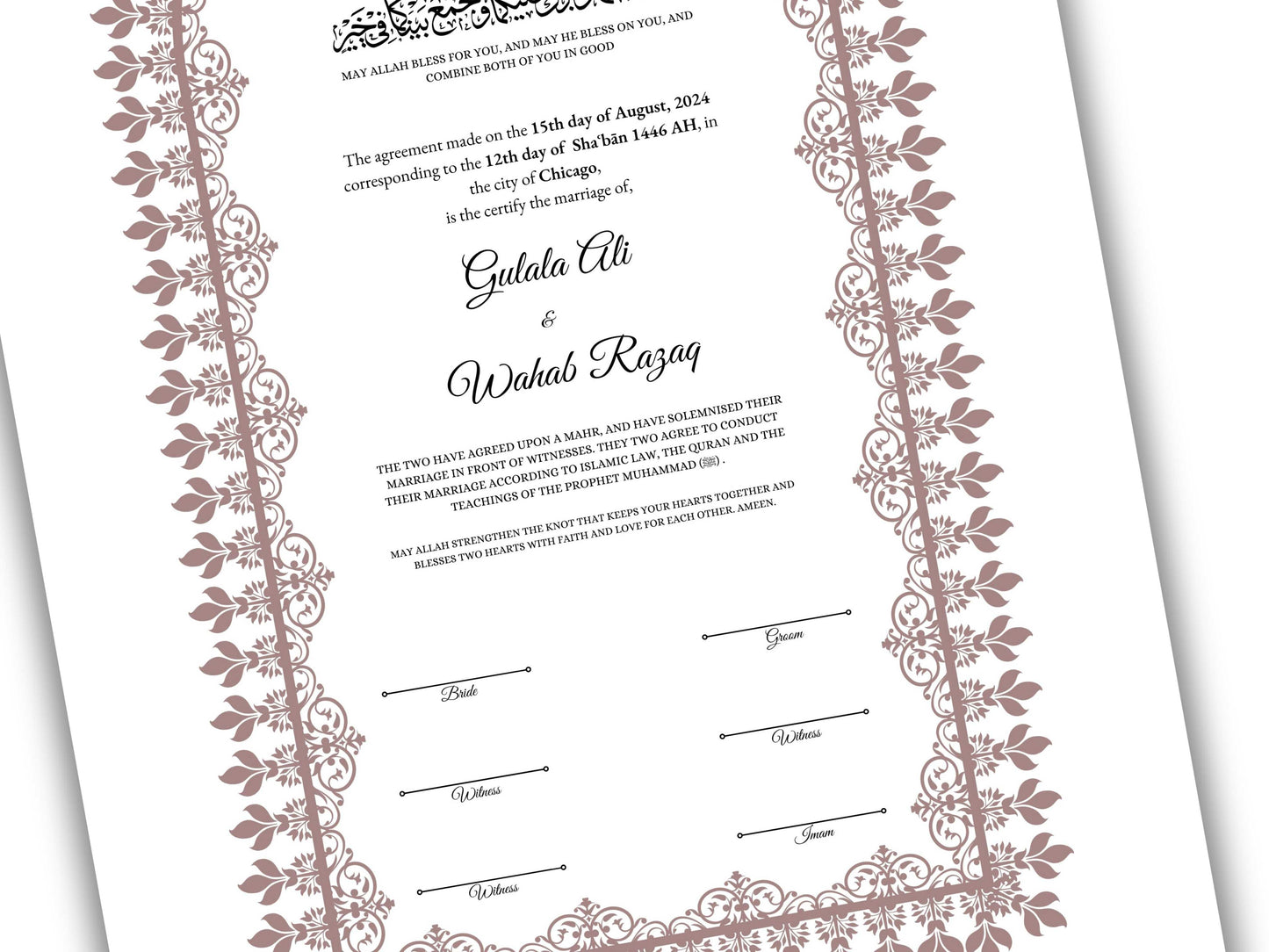 A4 / A3 Nikkah Contract Template, Islamic Wedding Certificate, Nikkahnama Digital Customized. NN159