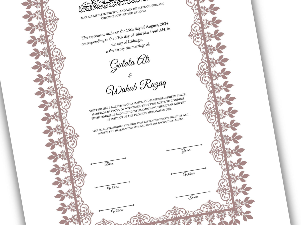 A4 / A3 Nikkah Contract Template, Islamic Wedding Certificate, Nikkahnama Digital Customized. NN159