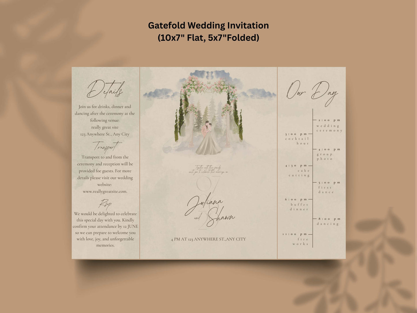 Elegant Wedding Itinerary Invitation | Watercolor Floral Arch Wedding Card | Modern Timeline Order of Events Invite. 158