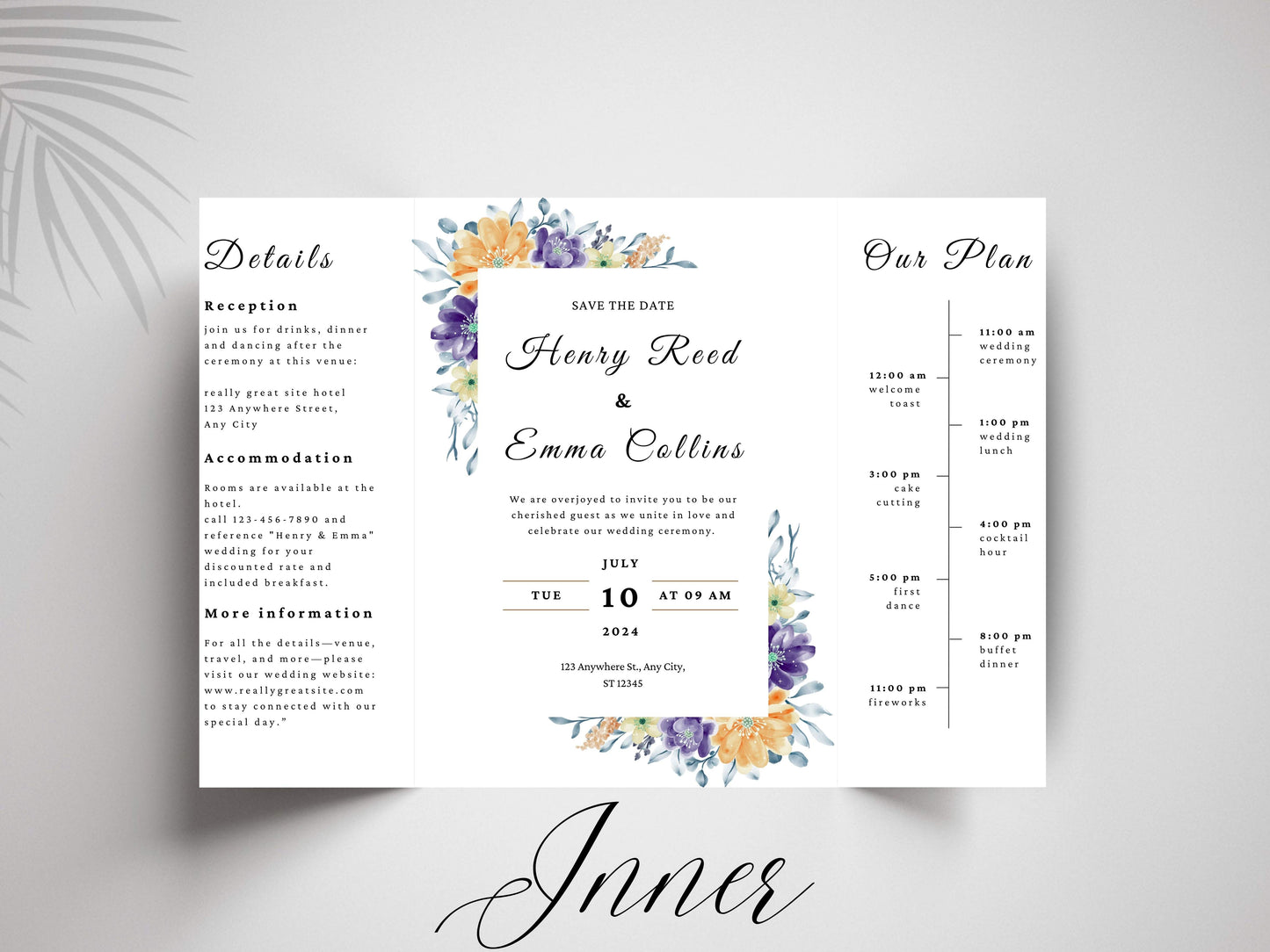 Floral Gatefold Wedding Invitation | Elegant Timeline Wedding Card | Modern Botanical Wedding Invitation with Details & Schedule. WI155