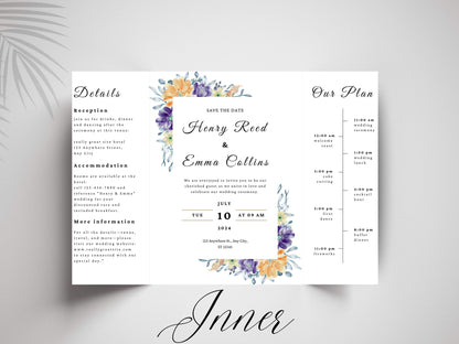 Floral Gatefold Wedding Invitation | Elegant Timeline Wedding Card | Modern Botanical Wedding Invitation with Details & Schedule. WI155