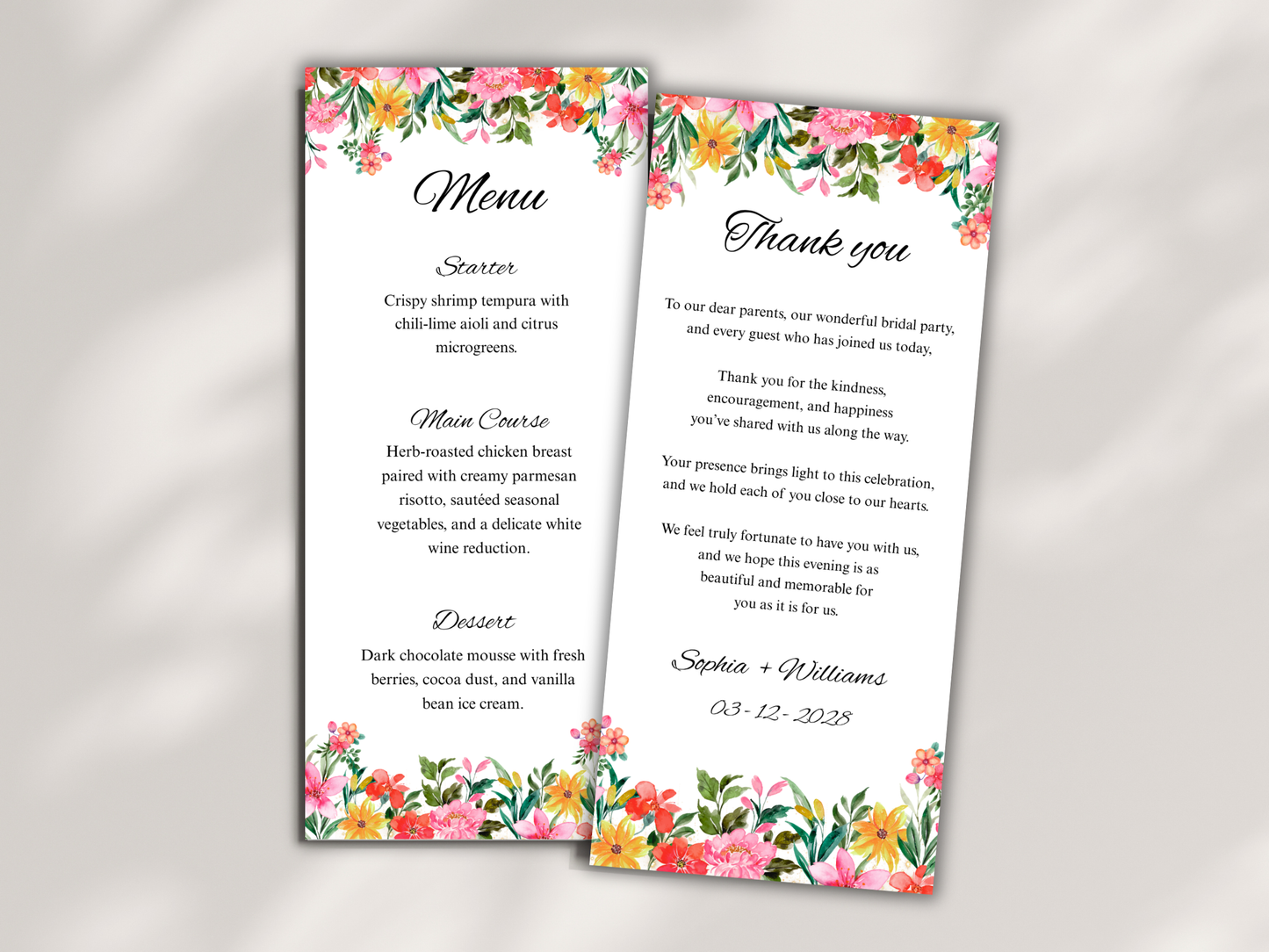 Wedding Thank you Card, Menu Card, Table Card. WI297