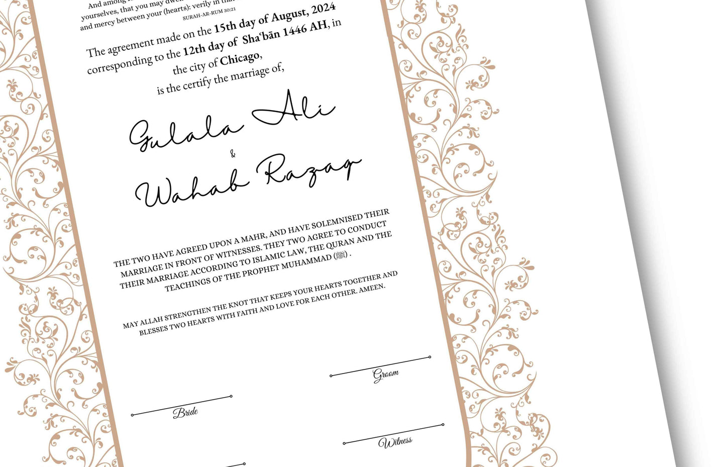 Luxury Nikkah Certificate, Personalised Custom Nikkah Nama, Premium Islamic Wedding Contract Gift, Digital Contract. NN154