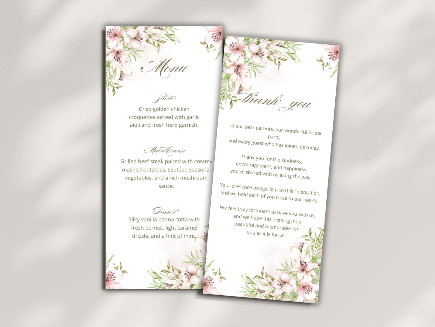 Wedding Thank you Card, Menu Card, Table Card. WI302