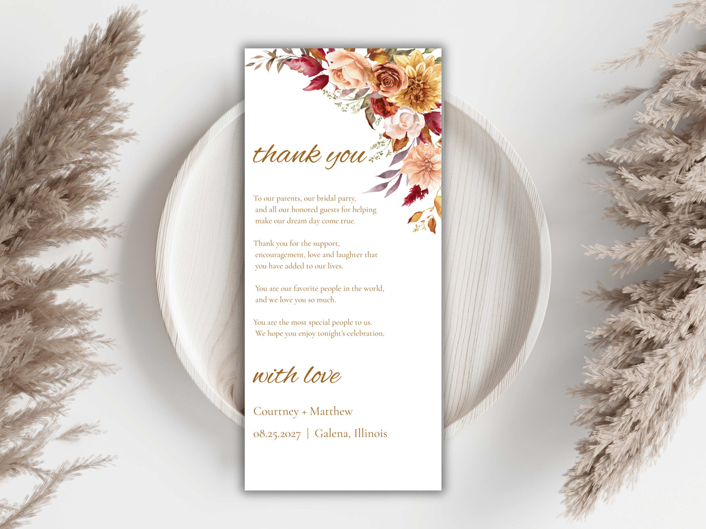 Boho Autumn Wedding Menu Template, Editable Place Card & Thank You Note, Fall Floral Wedding Printables. WI191