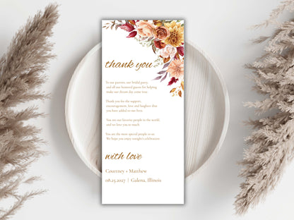 Boho Autumn Wedding Menu Template, Editable Place Card & Thank You Note, Fall Floral Wedding Printables. WI191