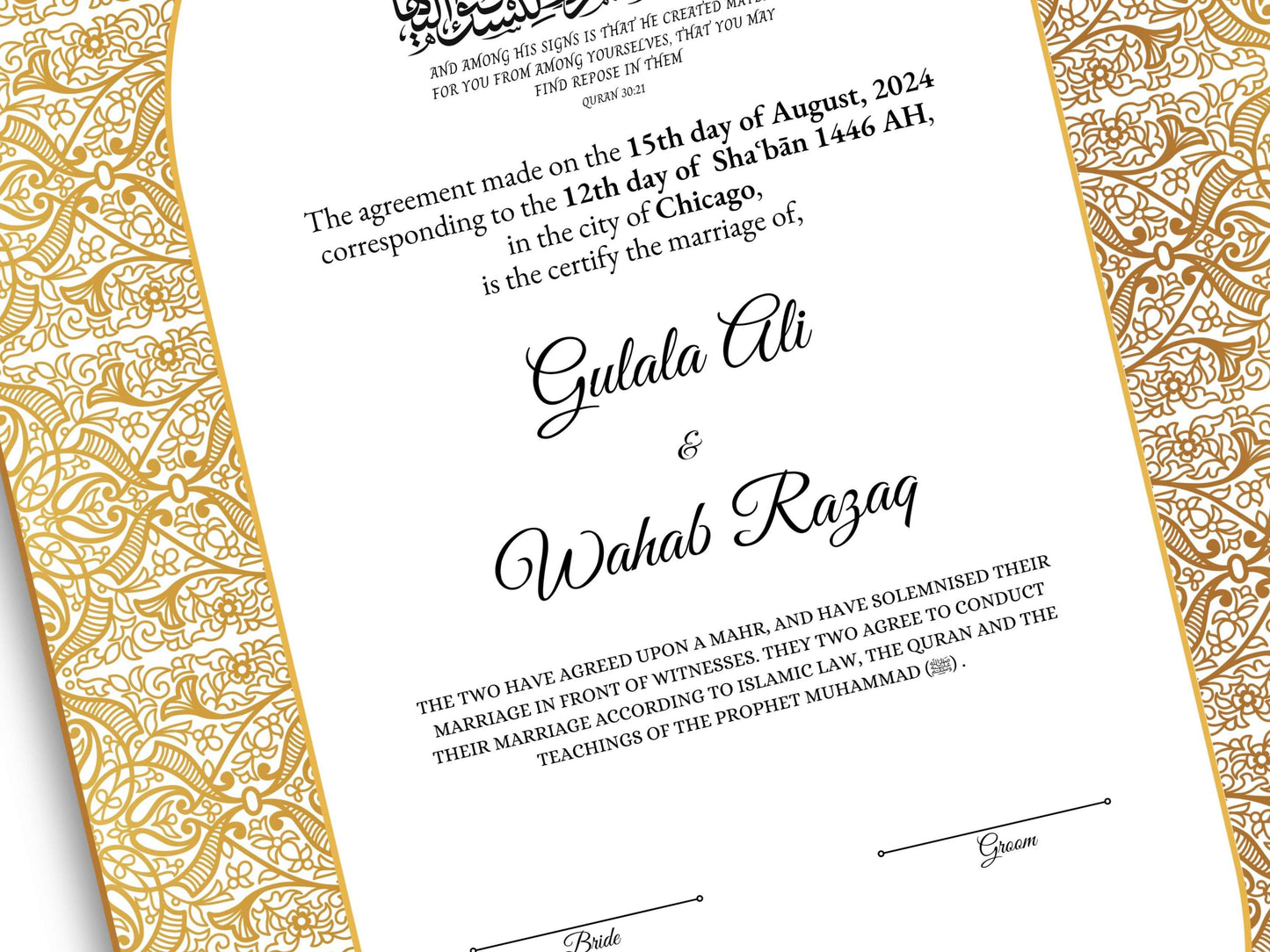 Luxury Gold A4/A3 Nikkah Certificate Template, Premium Gold Frame, Islamic Contract, Wedding Nama, Muslim Marriage Contract. 164