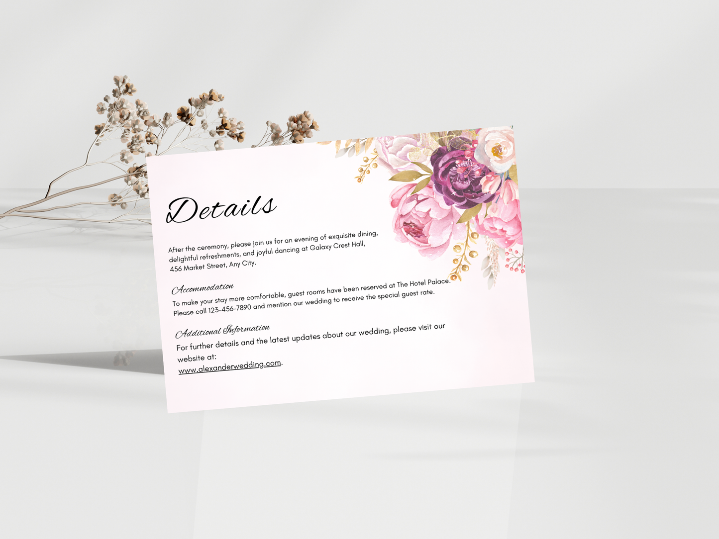 Elegant Blush Floral Wedding Invitation, RSVP, Details, Digital Download MTC414
