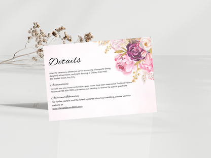 Elegant Blush Floral Wedding Invitation, RSVP, Details, Digital Download MTC414