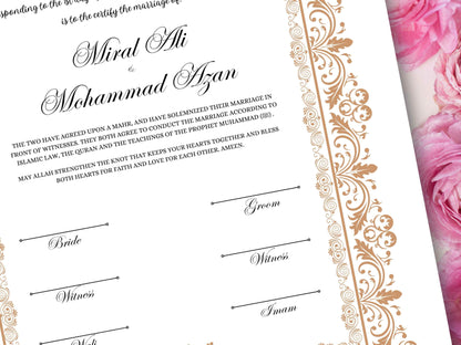 Luxury Nikkah Certificate, Premium A4 Islamic Wedding Contract, Nikkah Nama, Muslim Marriage Certificate, Personalised Names, A4, A3. NN249