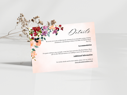 Floral Wedding Invitation, Editable RSVP, Details Card, Bottle label WI380