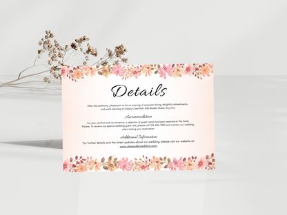 Elegant Peach Wedding Invitation Bundle, RSVP, Details, Menu & Thank You, Canva Template MTC419