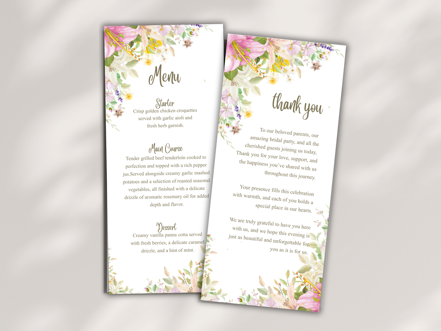 Wedding Thank you Card, Menu Card, Table Card. WI307
