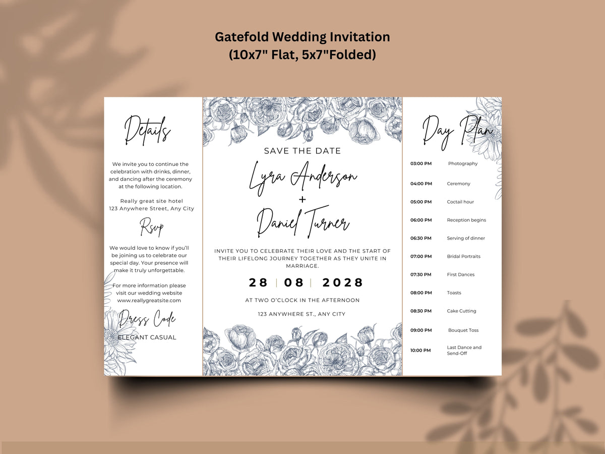 Gatefold Wedding Invitation Template | Minimalist Floral Wedding Invite | Modern Save the Date Template | Printable Wedding Suite. WI186