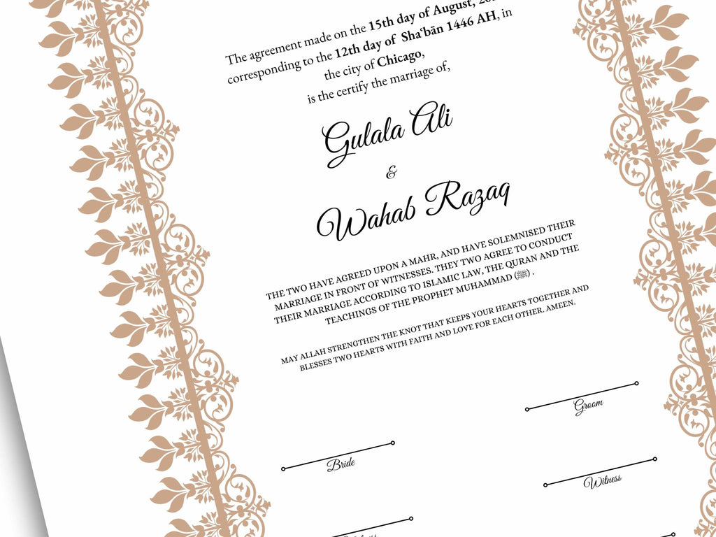 A4 / A3 Nikkah Contract Template, Islamic Wedding Certificate, Nikkahnama Digital Customized. NN160