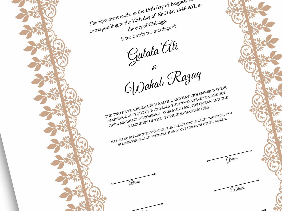 A4 / A3 Nikkah Contract Template, Islamic Wedding Certificate, Nikkahnama Digital Customized. NN160