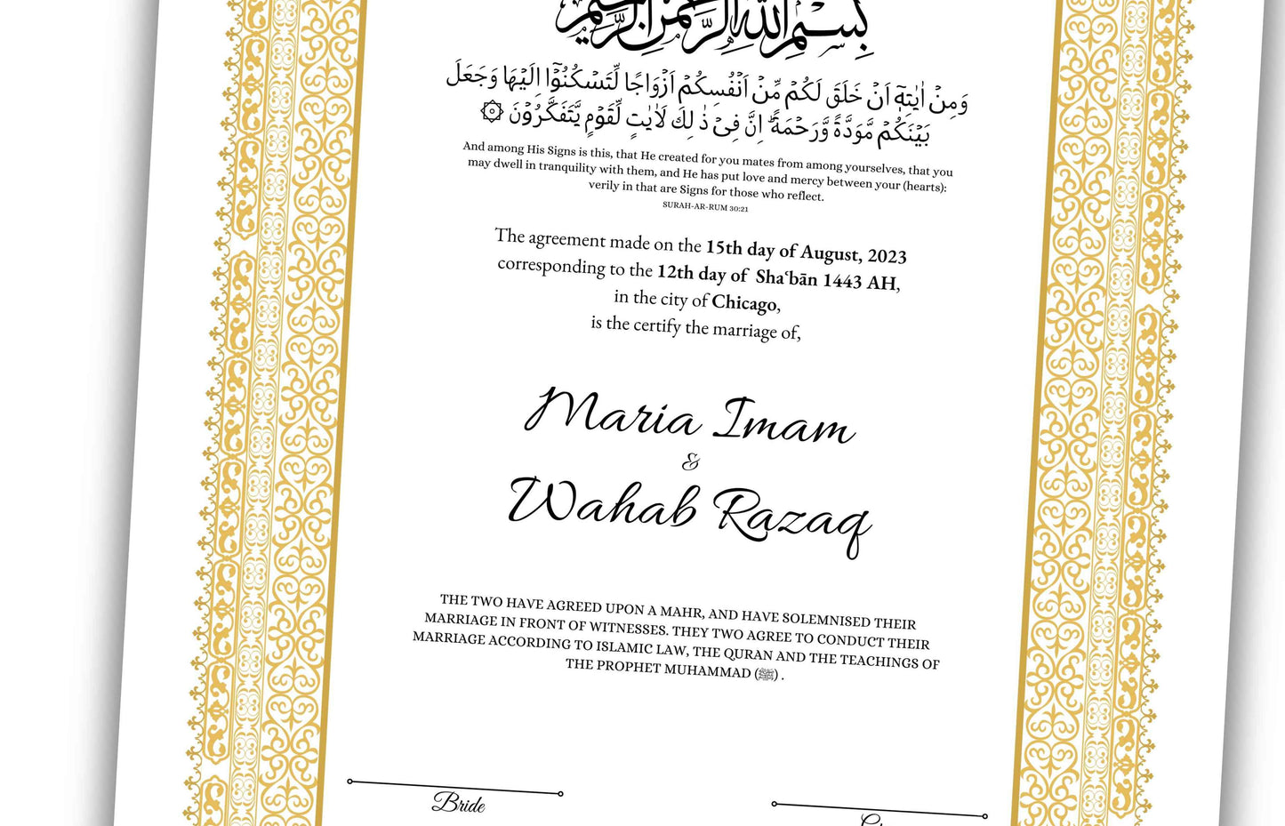 Nikkah Certificate Digital Download Personalized, Luxury Nikkah Certificate, Islamic Wedding Contract, Personalized Muslim Wedding Gift.N181