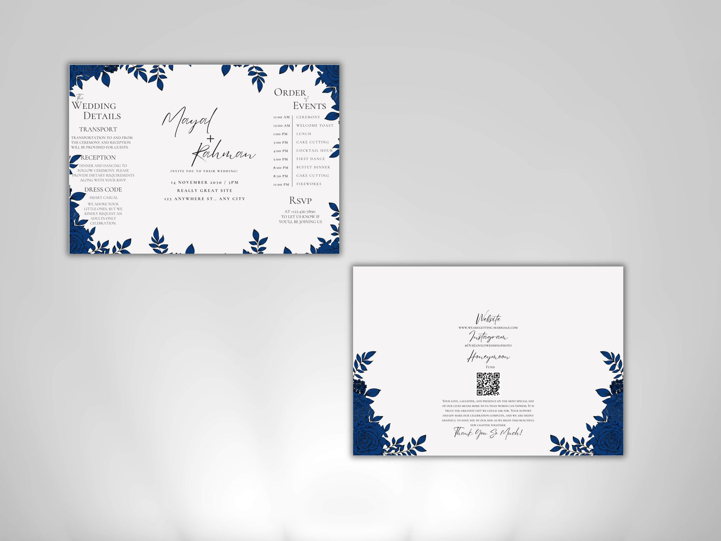 Elegant Gatefold Wedding Invitation | Blue Floral Printable Invite | Modern Ceremony Reception Card | Editable Template. WI133