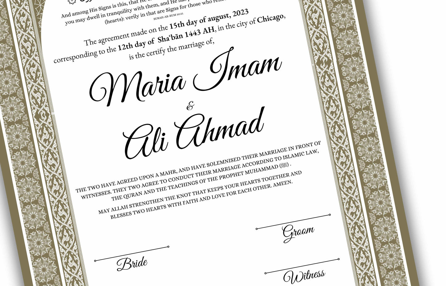 Luxury Nikkah certificate ,A3/a4 Nikkah Nama, Nikah , Islamic wedding contract, Muslim Marriage Certificate, Personalised Names. NN138