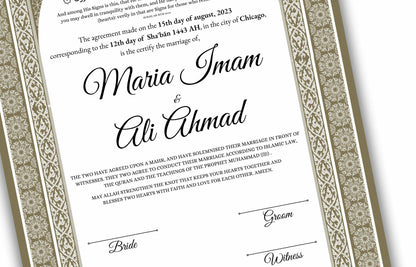 Luxury Nikkah certificate ,A3/a4 Nikkah Nama, Nikah , Islamic wedding contract, Muslim Marriage Certificate, Personalised Names. NN138