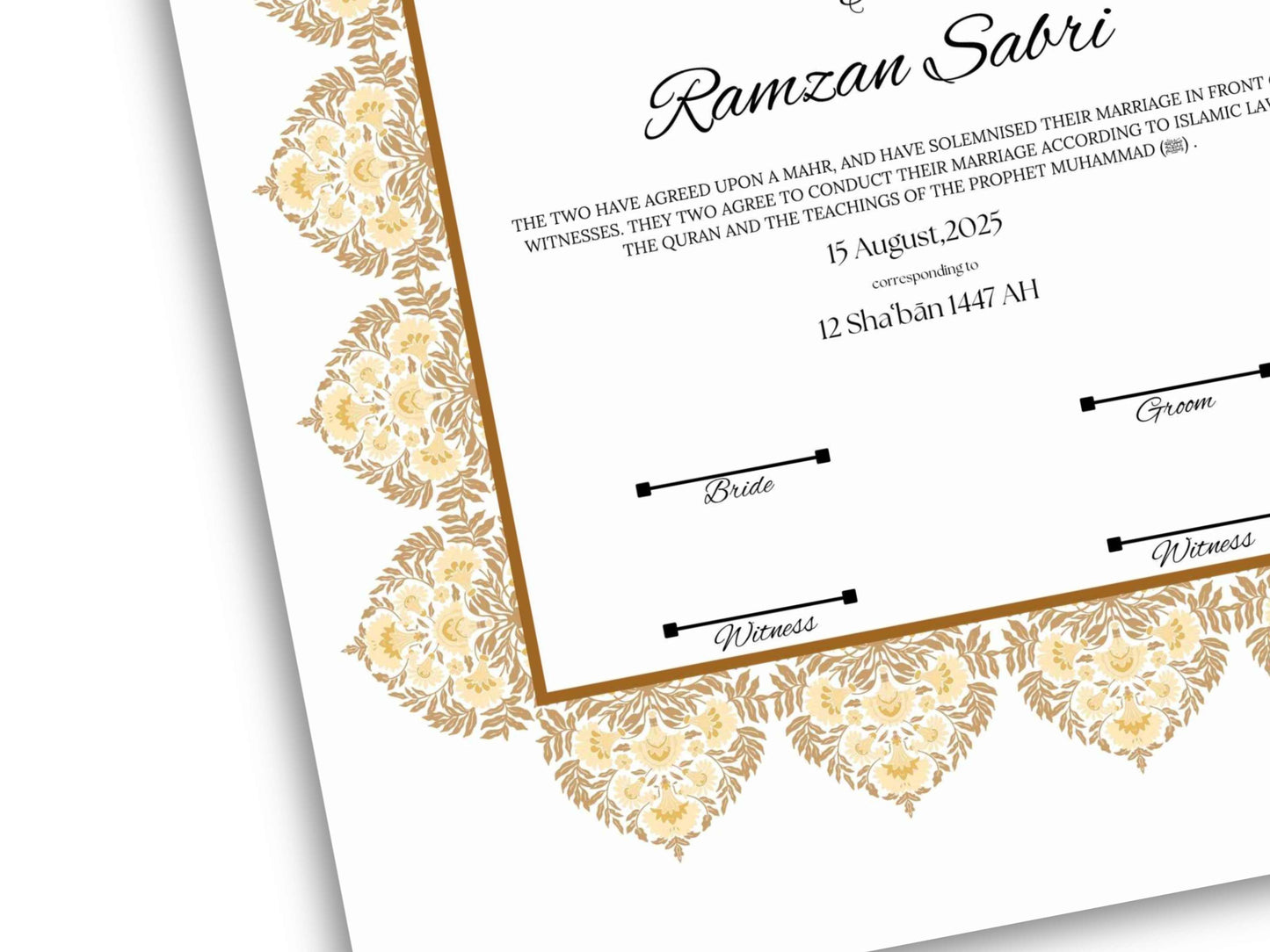 Luxury Nikkah Certificate, Premium A4 Islamic Wedding Contract, Nikkah Nama, Muslim Marriage Certificate, Personalised Names, A4, A3. NN295