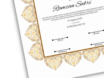 Luxury Nikkah Certificate, Premium A4 Islamic Wedding Contract, Nikkah Nama, Muslim Marriage Certificate, Personalised Names, A4, A3. NN295