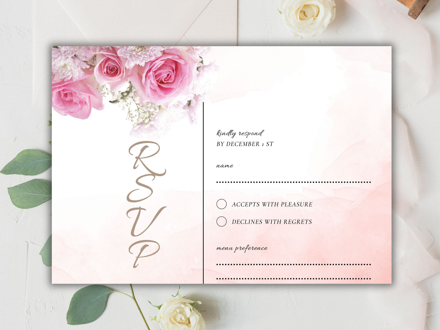 Blush Floral Wedding Invitation Set, Pink Roses Wedding Invite Template Bundle, Printable Wedding Invite, Editable Template. WT44