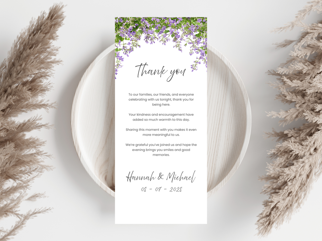 Floral Wedding Menu & Thank You Template | Editable Canva Place Card. WI214