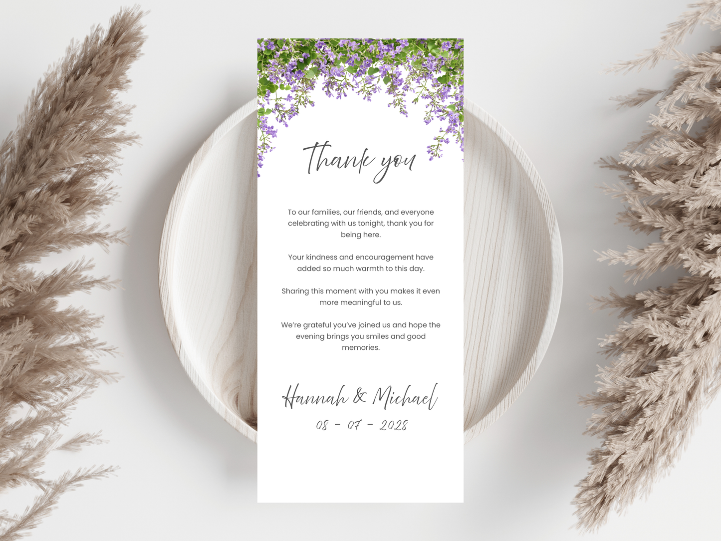 Floral Wedding Menu & Thank You Template | Editable Canva Place Card. WI214