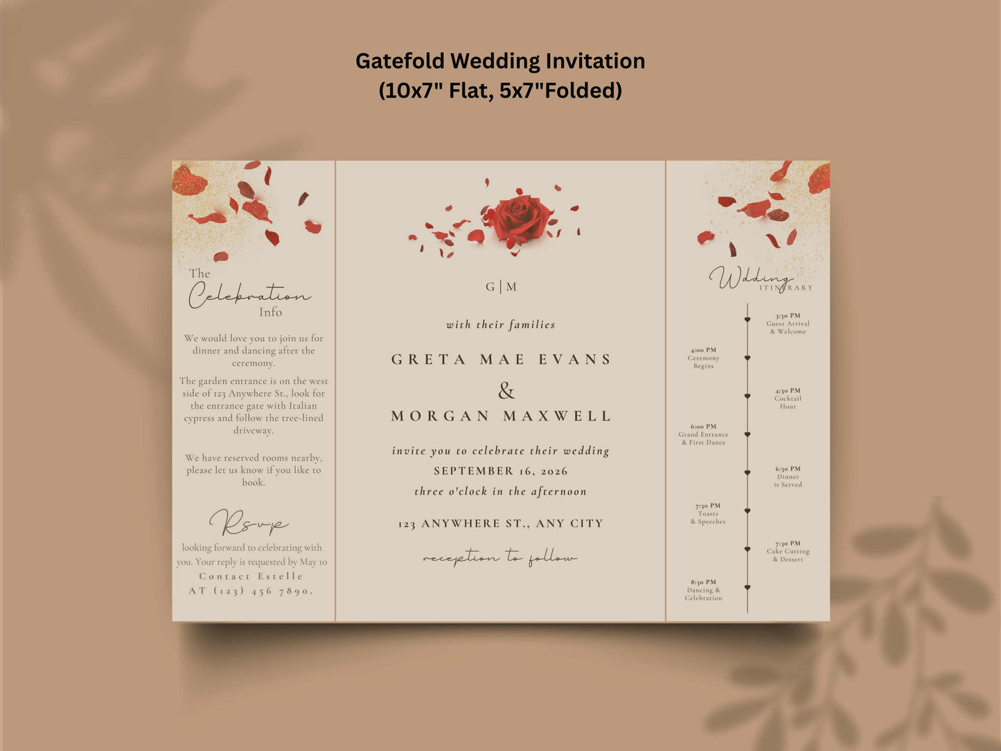 Red Rose Wedding Invitation Template - Gatefold Floral Invite with Itinerary - Elegant Modern Printable Wedding Card. WI157