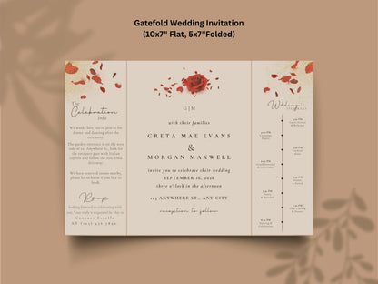 Red Rose Wedding Invitation Template - Gatefold Floral Invite with Itinerary - Elegant Modern Printable Wedding Card. WI157