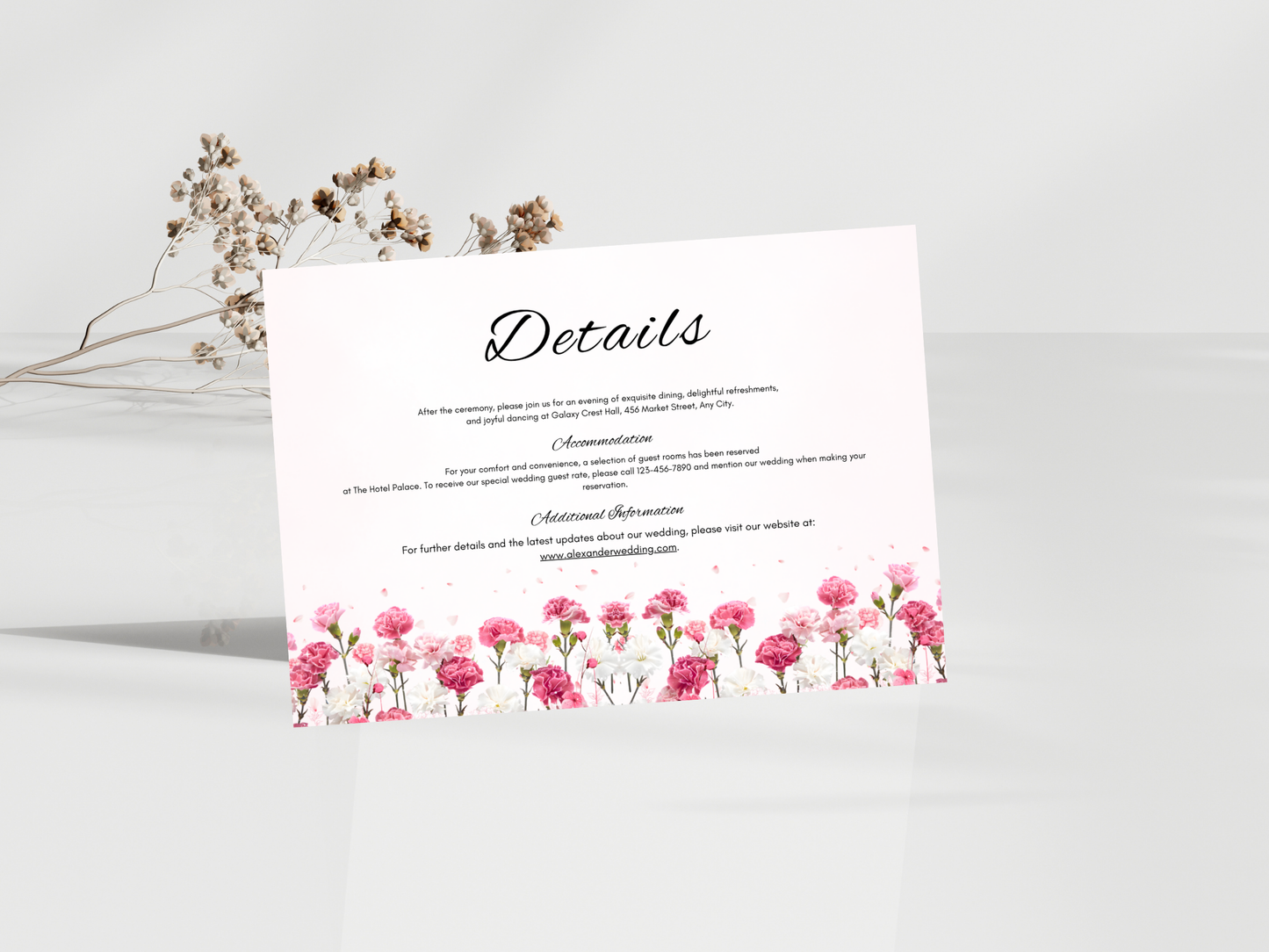 Elegant Carnation Reception Bundle, RSVP, Details, Thankyou, Menu, Digital Download MTC425