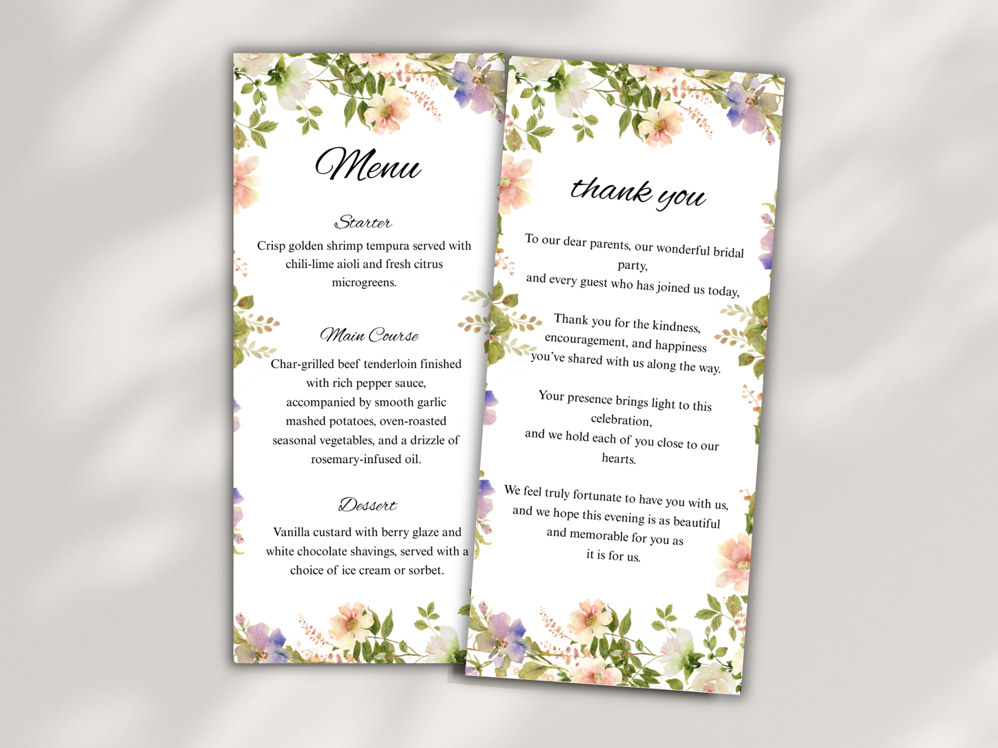 Wedding Thank you Card, Menu Card, Table Card. WI294
