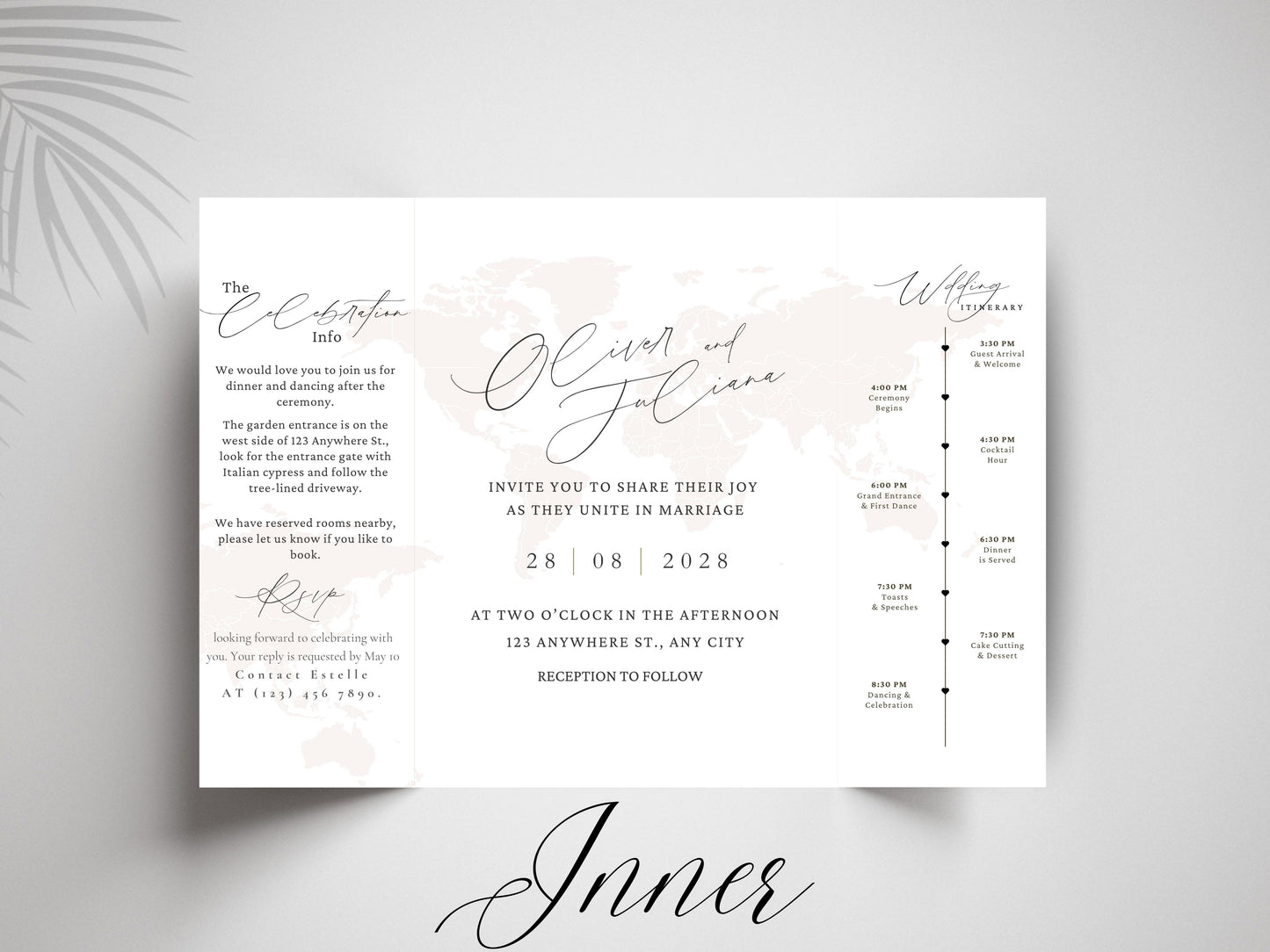 Destination Wedding Invitation Template Gatefold | Elegant Folded Travel Theme Invite | Printable Timeline & RSVP Card. WI146