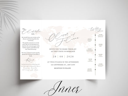 Destination Wedding Invitation Template Gatefold | Elegant Folded Travel Theme Invite | Printable Timeline & RSVP Card. WI146