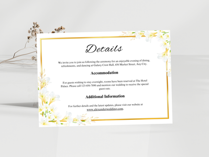 White Lily Wedding invitation Card, Gold Floral Menu Template, Detailed, RVSP,  Editable Thank You, Bottle Label, Table Card, MTC373