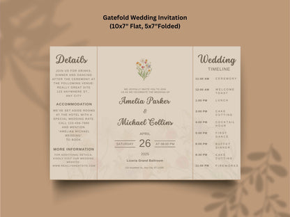Elegant Wedding Invitation Card | Modern Floral Timeline Invite | Printable Details & Schedule | Personalized Digital Download. WI159