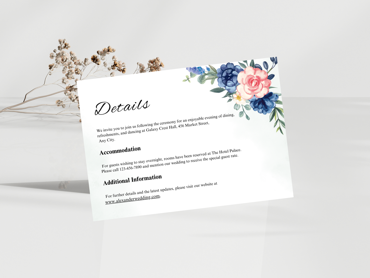 Navy Blue Floral Wedding Invitation Suite, Editable RSVP, Details, Menu & Thank You (Digital Download) | MTC391
