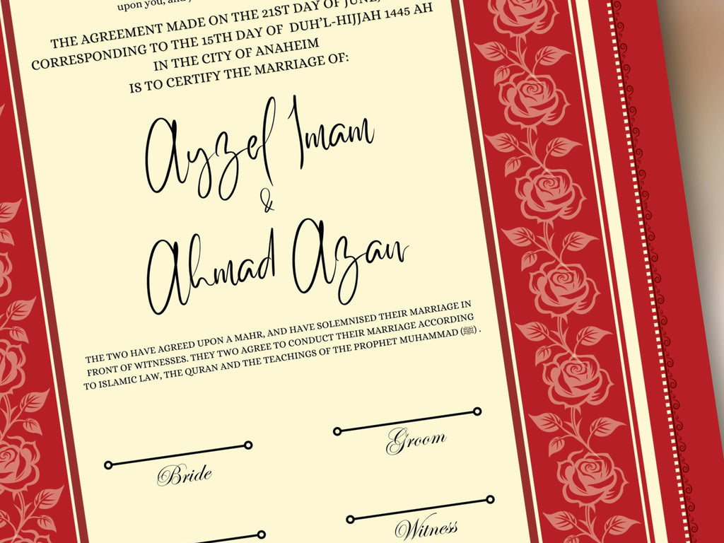 Rose Nikkah Certificate Template, Editable Nikkahnama, Printable Nikah Contract, Muslim Contract, Red Nikkah Islamic Marriage Contract.NN252
