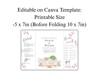 Elegant Trifold Wedding Invitation Template, Blossom Floral Wedding Invite, Editable Printable Invite, Garden Ceremony Card. WEIB121