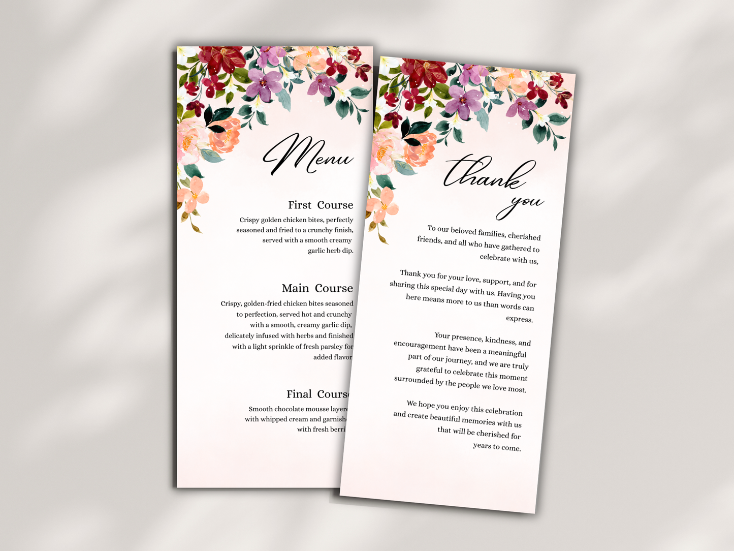 Burgundy Wedding Menu, Thank You, Table Cards (Editable Canva Template) WI380