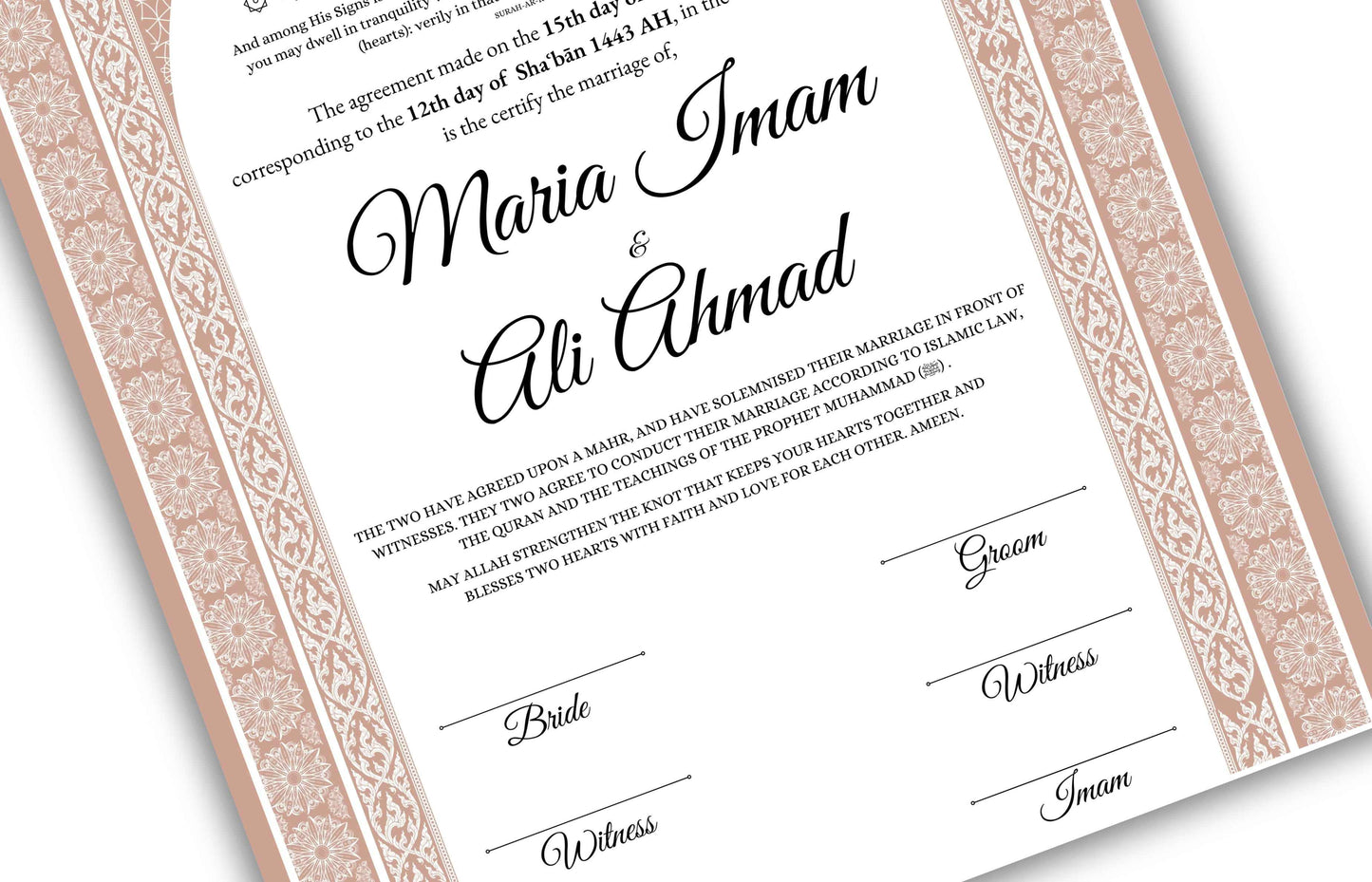 Islamic Marriage Certification | Nikahnama | Contract | Muslim Wedding | Digital Nikkah A4/ A3 | Editable. NN131