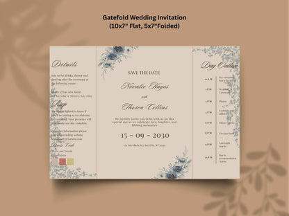 Blue Floral Wedding Itinerary Template, Save The Date Schedule Card, Elegant Navy Wedding Day Timeline, Printable Itinerary Invitation.WI175