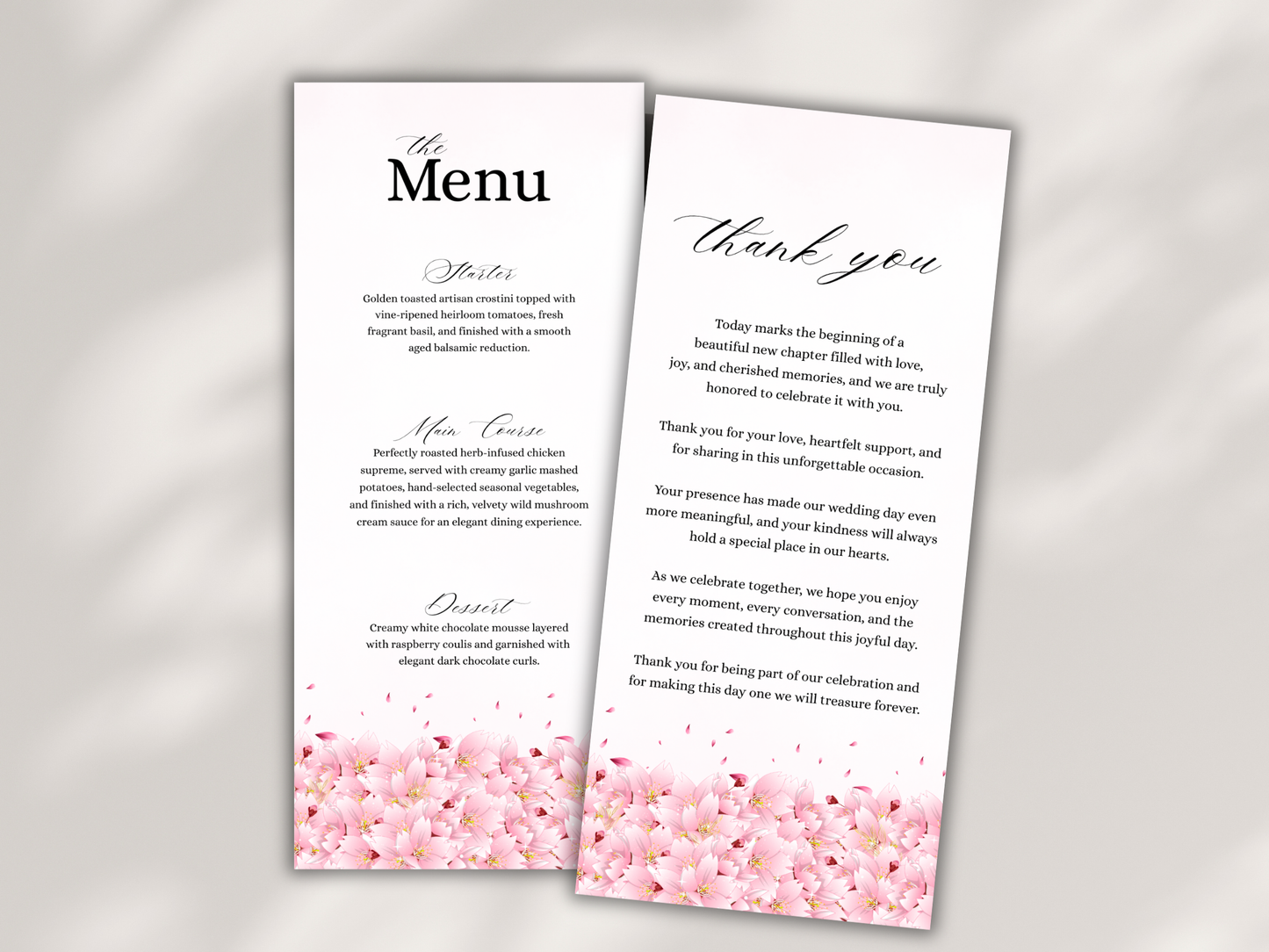 Cherry Blossom Wedding Menu, Table, Thank you, Editable Cards MTC420