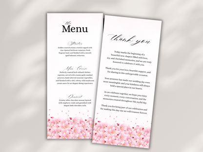 Cherry Blossom Wedding Menu, Table, Thank you, Editable Cards MTC420