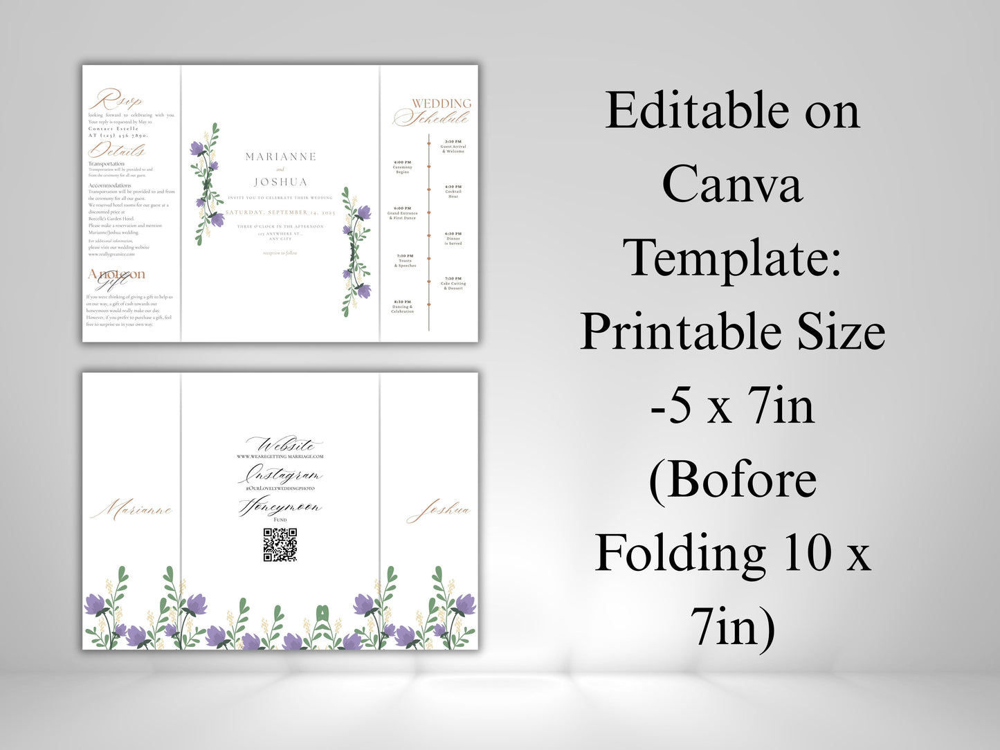Elegant Floral Gatefold Wedding Invitation with Timeline | Rustic Folded Wedding Card | Botanical RSVP Invite | Digital WIB124