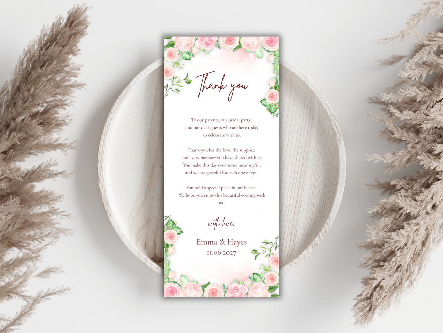 Floral Wedding Menu Template, Thank You Card. WI196