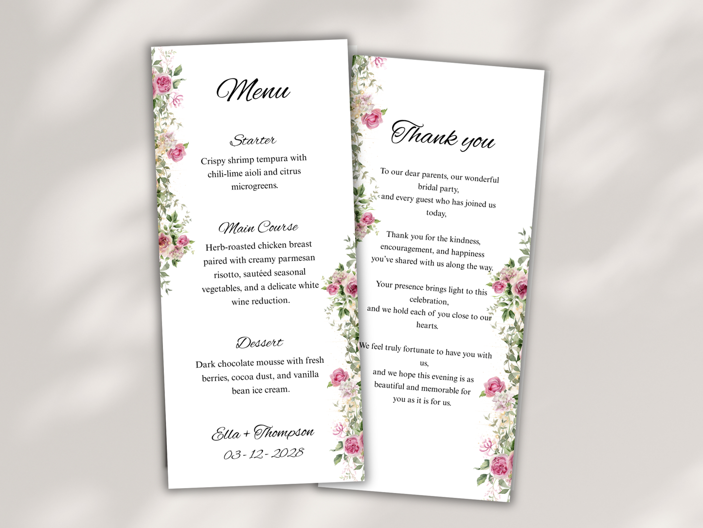 Wedding Thank you Card, Menu Card, Table Card. WI296