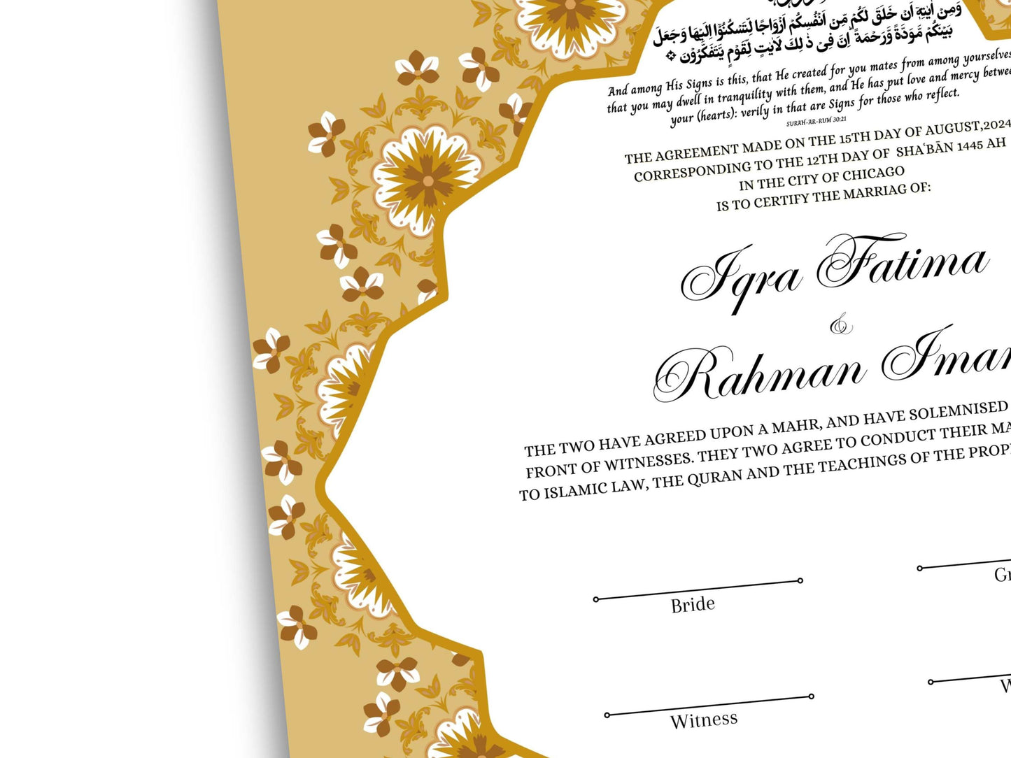 Customized Nikkah Certificate, A4/A3 Contract Digital Nikah Nama, Islamic Marriage Certificate, Muslim Marriage Contract Gold.NN228